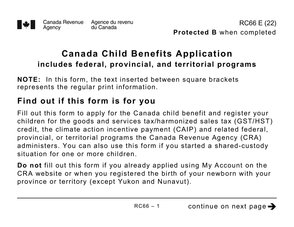 Form RC66 Canada Child Benefits Application Includes Federal, Provincial, and Territorial Programs (Large Print) - Canada, Page 1