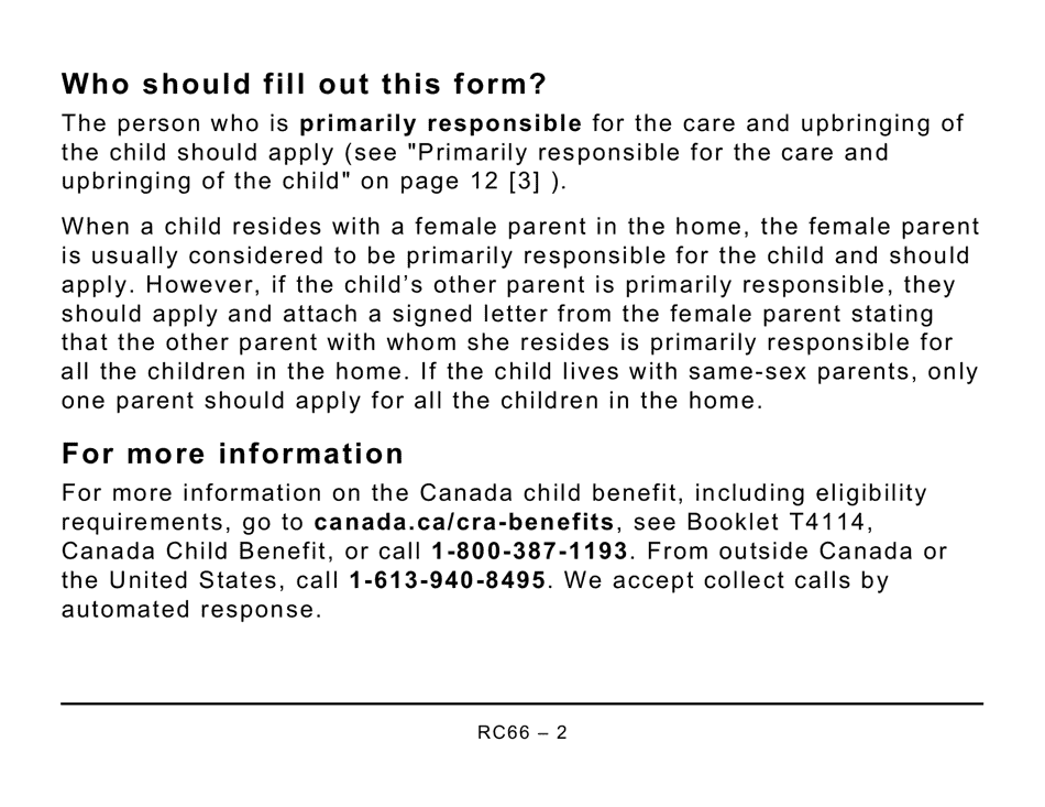 Form RC66 Canada Child Benefits Application Includes Federal, Provincial, and Territorial Programs (Large Print) - Canada, Page 2