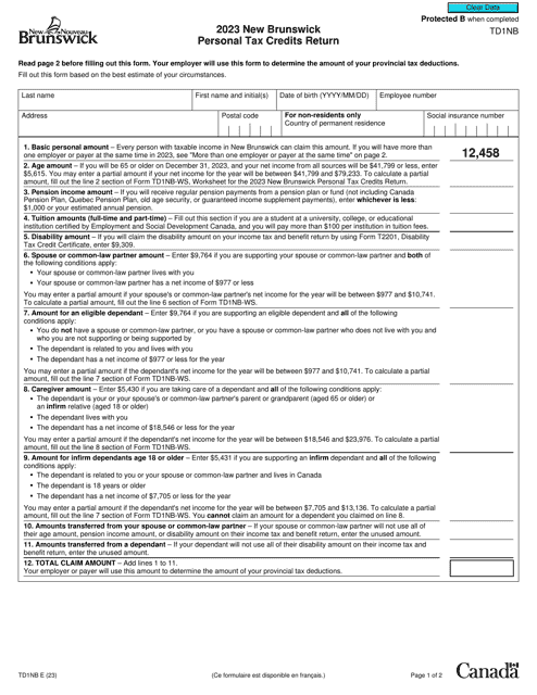 Form TD1NB New Brunswick Personal Tax Credits Return - Canada, 2023