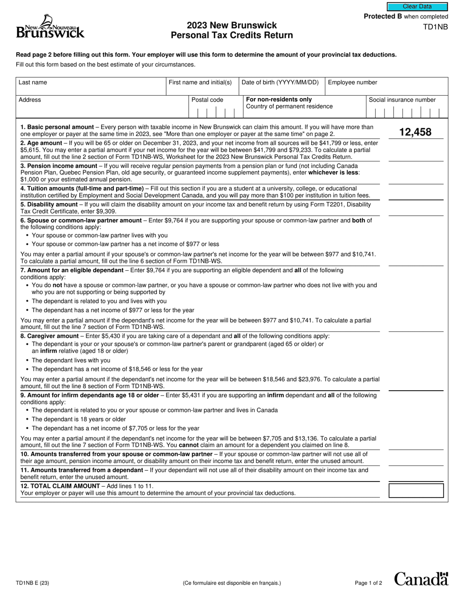 Form TD1NB New Brunswick Personal Tax Credits Return - Canada, Page 1