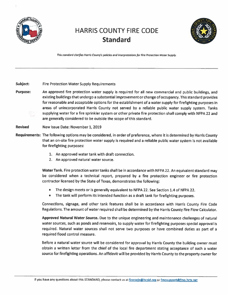 Standard - Fire Protection Water Supply Requirements - Harris County, Texas, Page 1