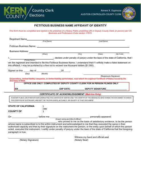 Fictitious Business Name Affidavit of Identity - Kern County, California Download Pdf
