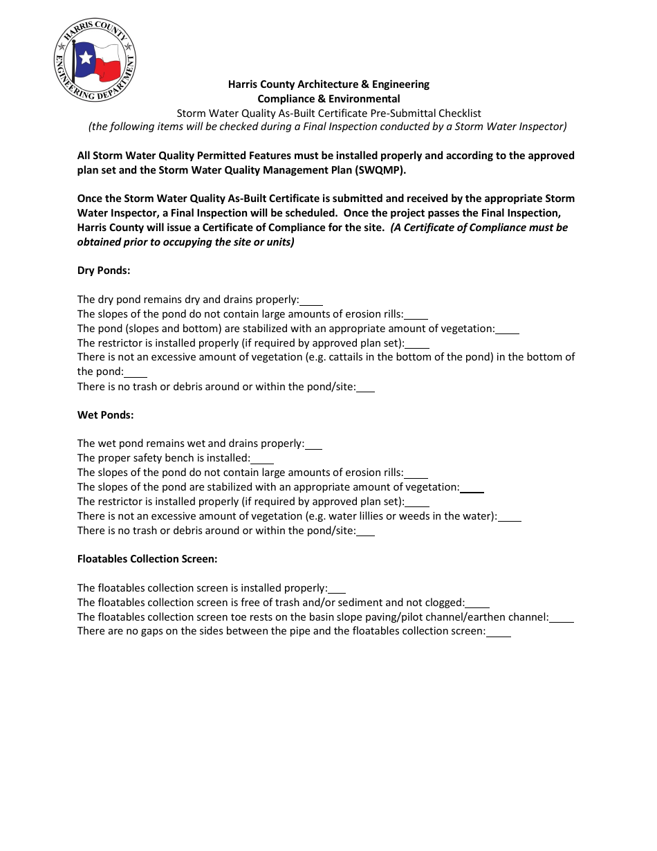 Storm Water Quality as-Built Certificate Pre-submittal Checklist - Harris County, Texas, Page 1