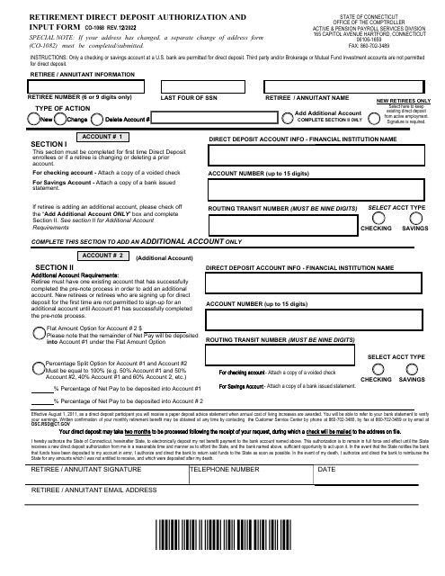 Form CO-1068 Retirement Direct Deposit Authorization and Input Form - Connecticut