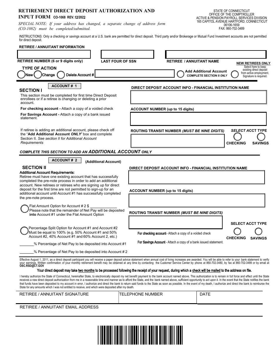 Form CO-1068 Retirement Direct Deposit Authorization and Input Form - Connecticut, Page 1