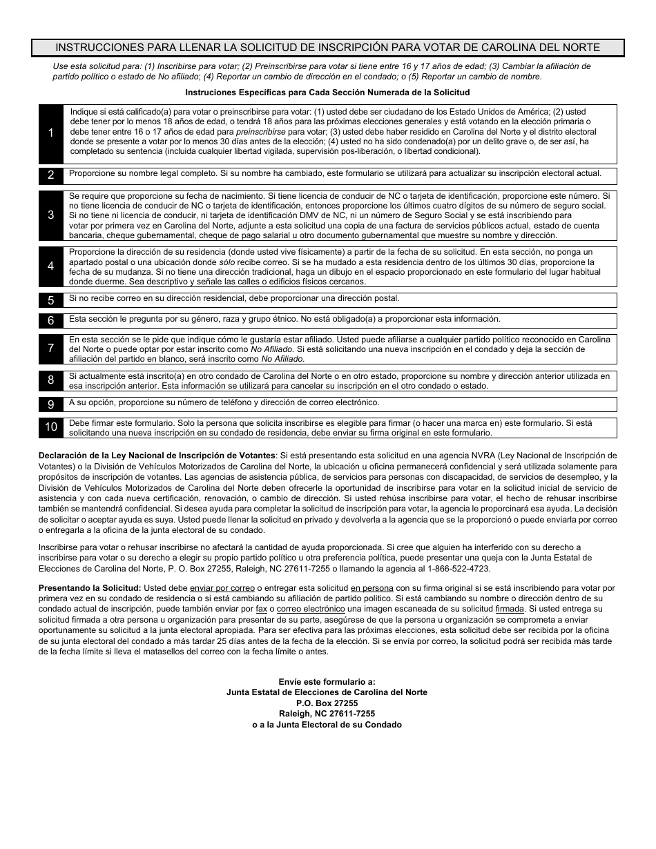 Formulario 09W Solicitud De Inscripcion Para Votar En Carolina Del Norte - North Carolina (Spanish), Page 2