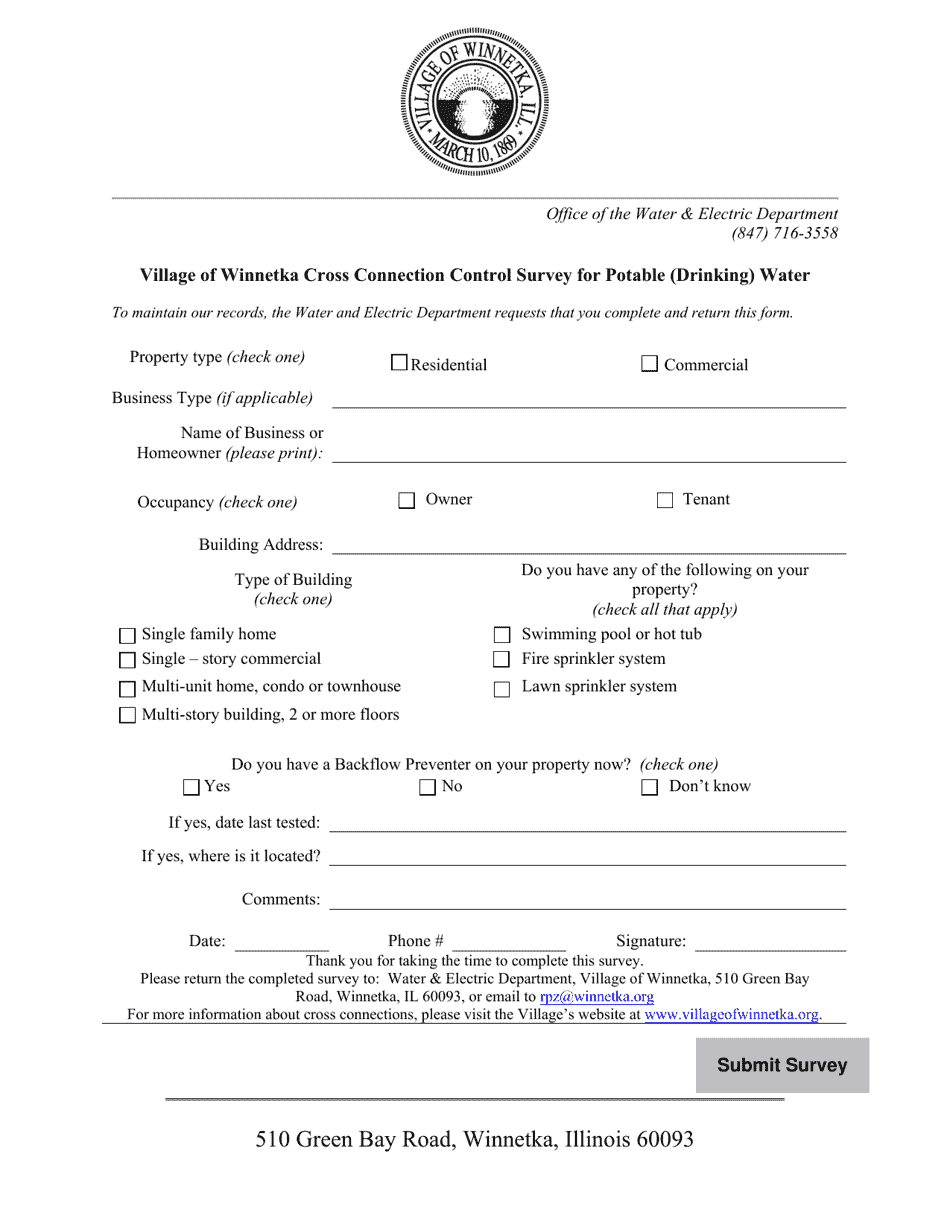 Village of Illinois Cross Connection Control Survey for