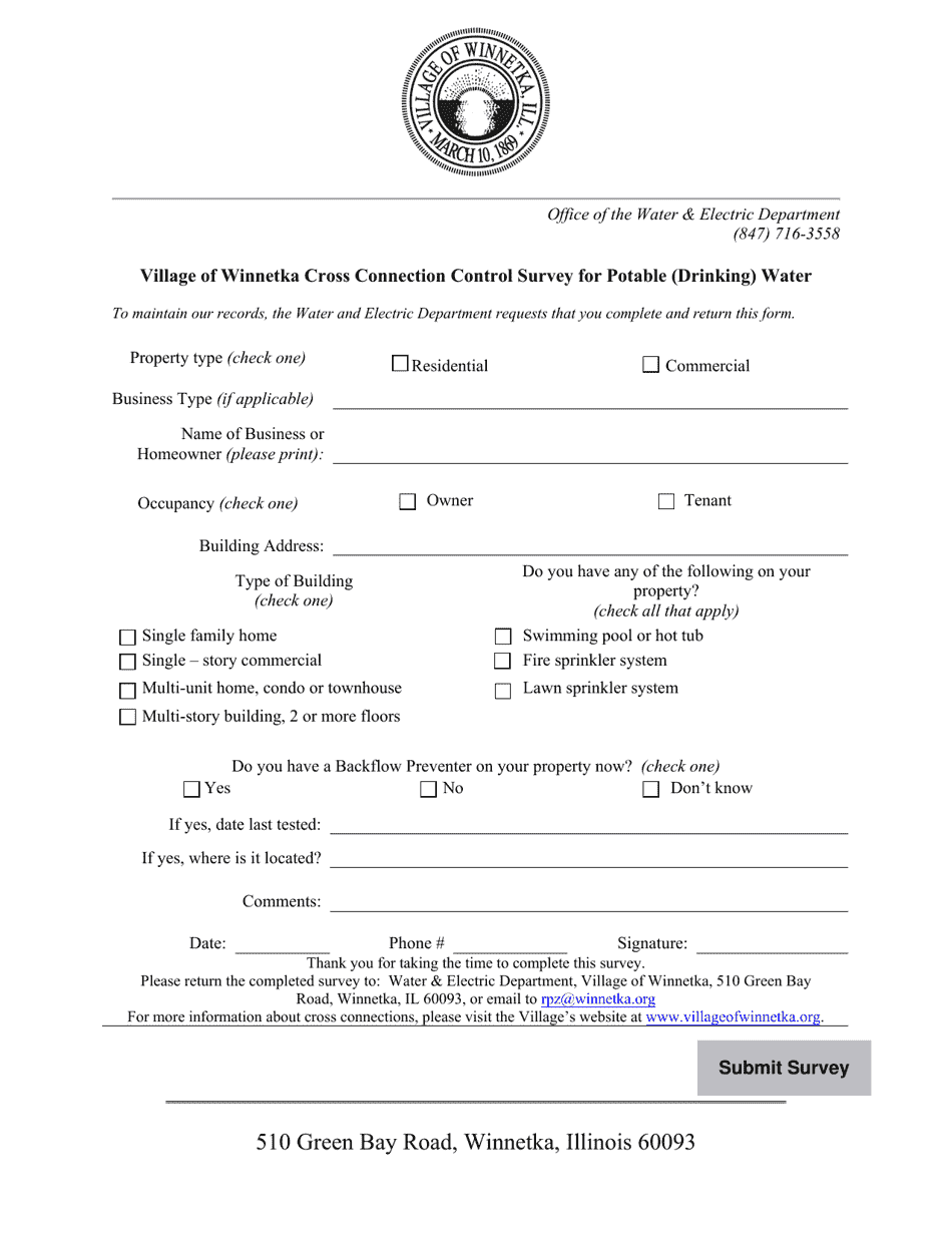Cross Connection Control Survey for Potable (Drinking) Water - Village of Winnetka, Illinois, Page 1