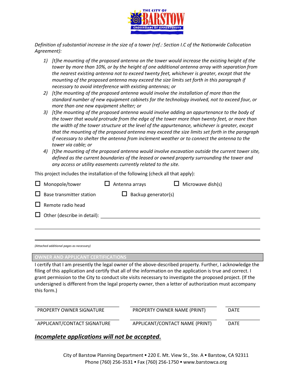Wireless Telecommunications Facilities Application - City of Barstow, California, Page 2