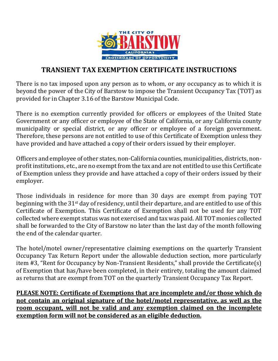 Transient Occupancy Tax Certificate of Exemption - City of Barstow, California, Page 2