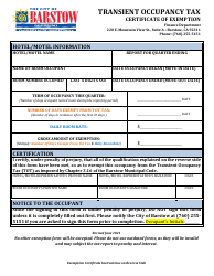 Document preview: Transient Occupancy Tax Certificate of Exemption - City of Barstow, California