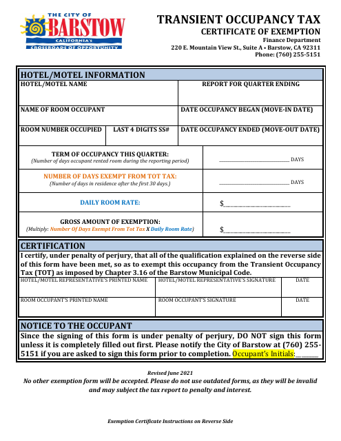 Transient Occupancy Tax Certificate of Exemption - City of Barstow, California Download Pdf
