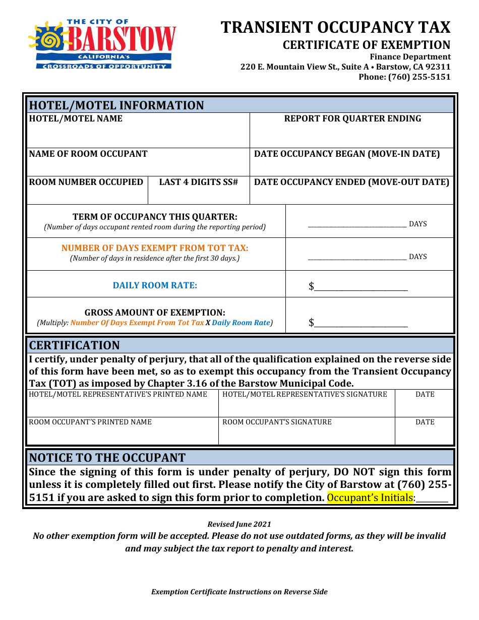 City of Barstow, California Transient Occupancy Tax Certificate of