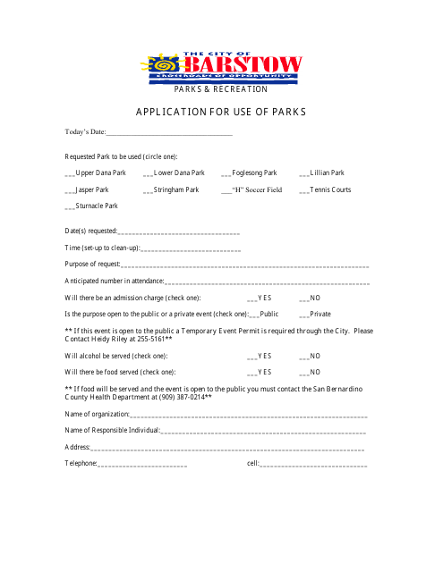 Application for Use of Parks - City of Barstow, California Download Pdf