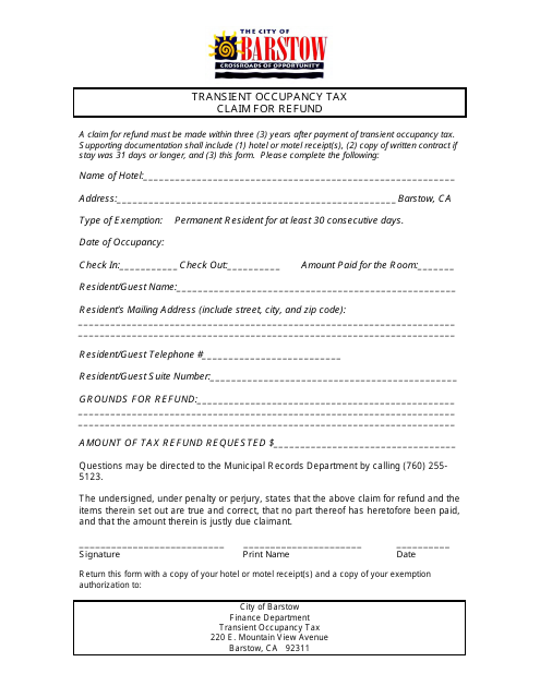 Transient Occupancy Tax Claim for Refund - City of Barstow, California Download Pdf