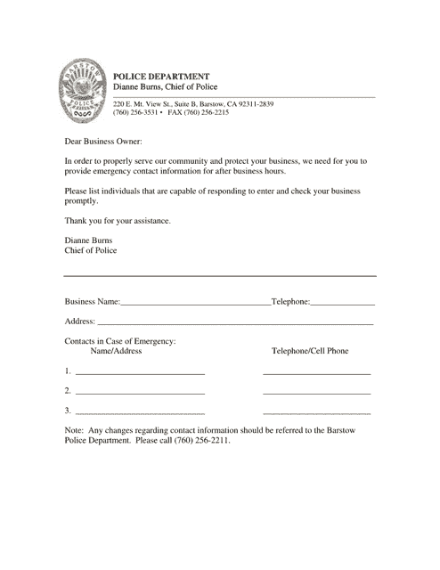 Business' After Hour Response Form - City of Barstow, California Download Pdf