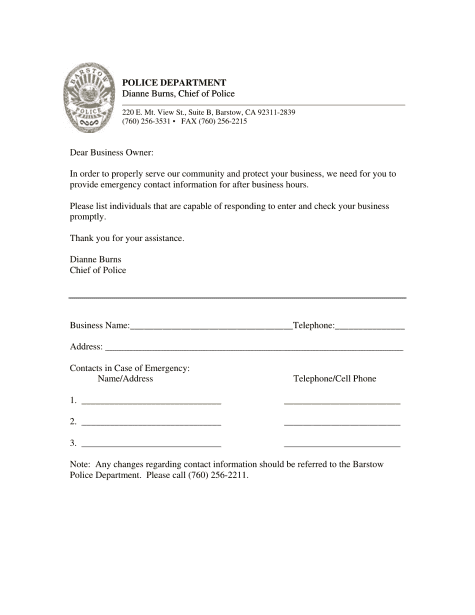 Business After Hour Response Form - City of Barstow, California, Page 1