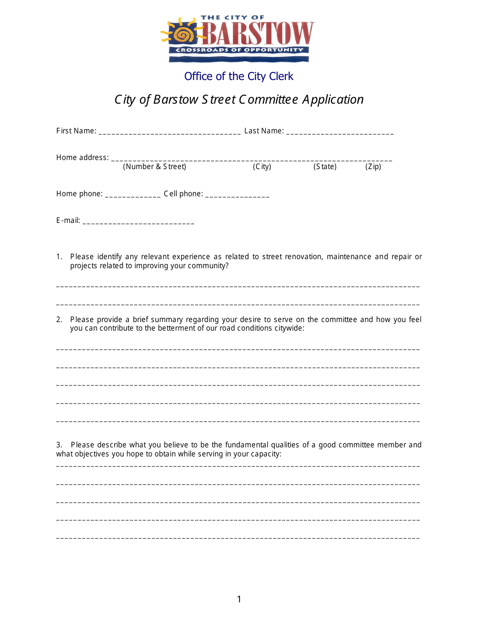 Street Committee Application - City of Barstow, California, Page 1