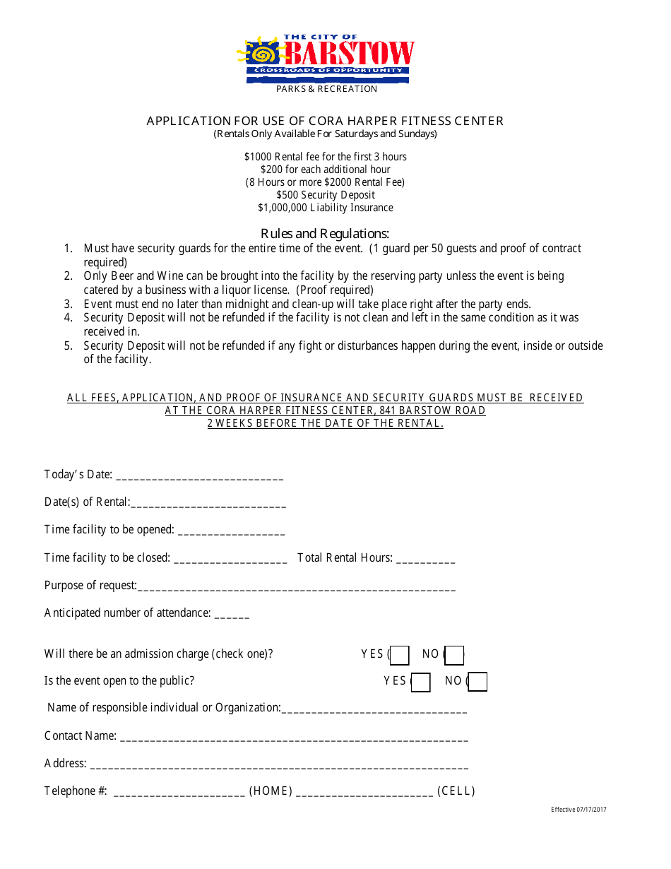 Application for Use of Cora Harper Fitness Center - City of Barstow, California, Page 1