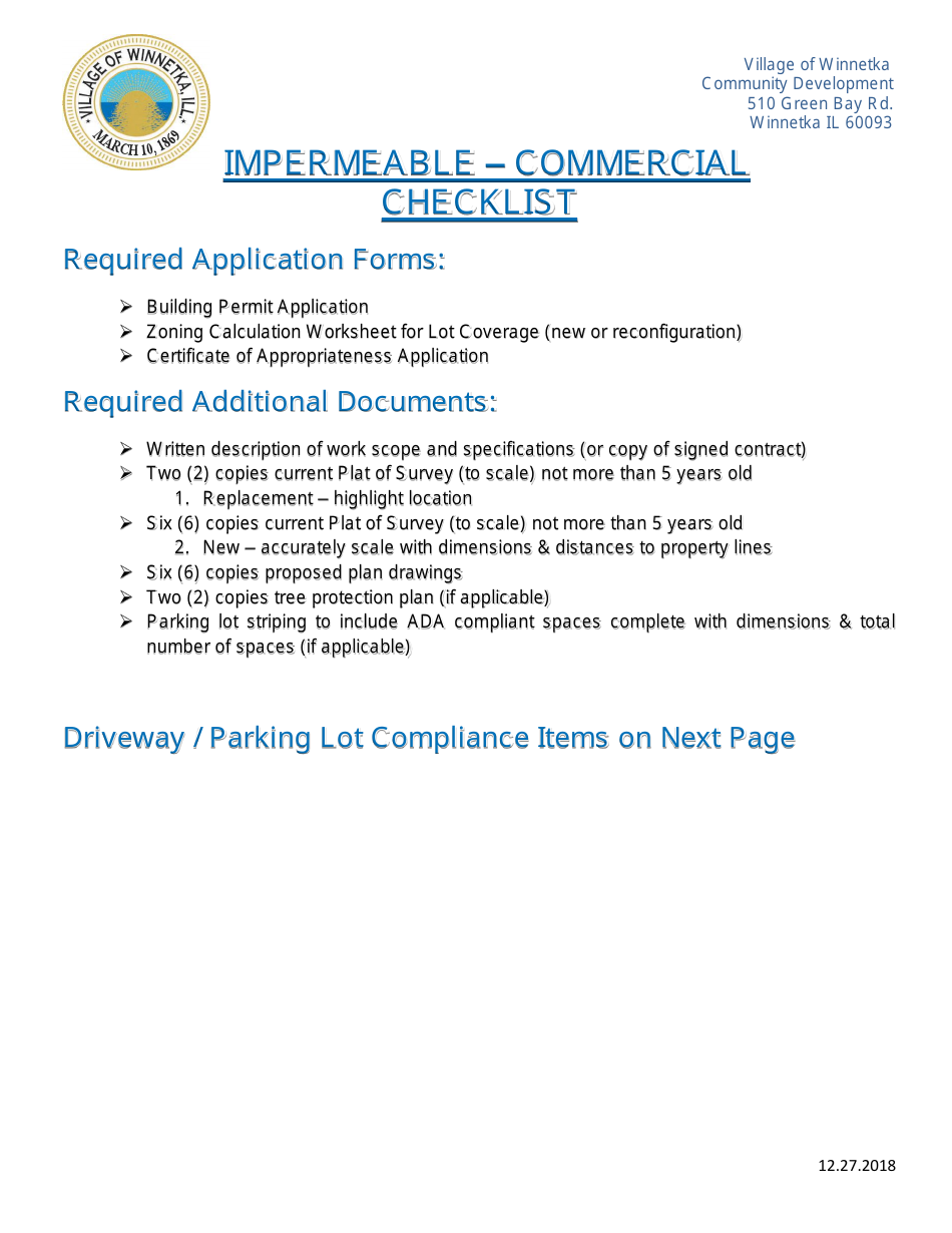 Commercial / Multi-Family / Institutional Impermeable Permit Application - Village of Winnetka, Illinois, Page 1