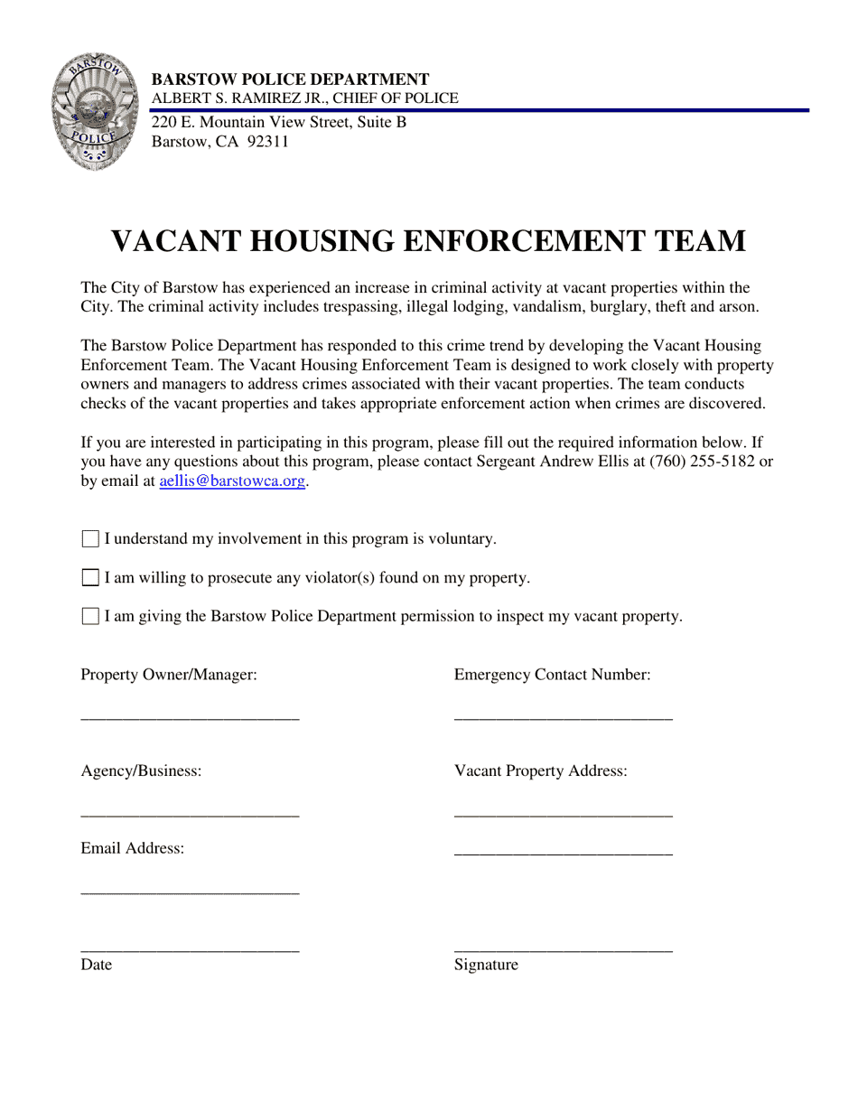 City of Barstow, California Vacant Housing Enforcement Team Download Printable PDF Templateroller