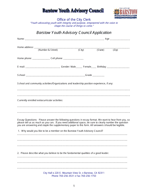 Barstow Youth Advisory Council Application - City of Barstow, California Download Pdf