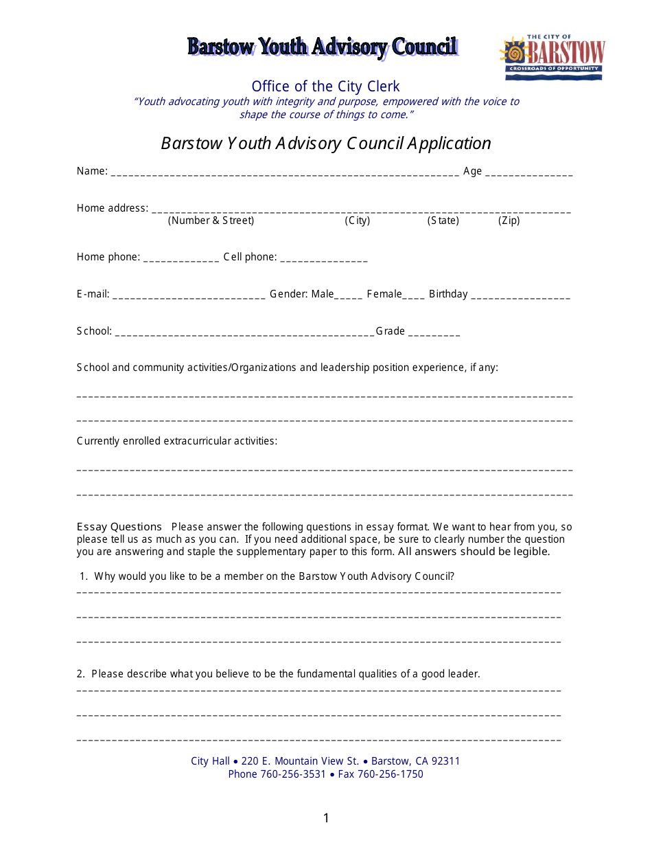 Barstow Youth Advisory Council Application - City of Barstow, California, Page 1