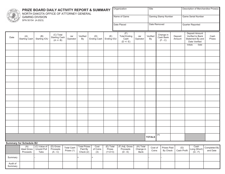 Form SFN50154 Prize Board Daily Activity Report  Summary - North Dakota, Page 1