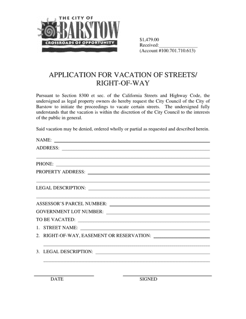 Application for Vacation of Streets / Right-Of-Way - City of Barstow, California Download Pdf
