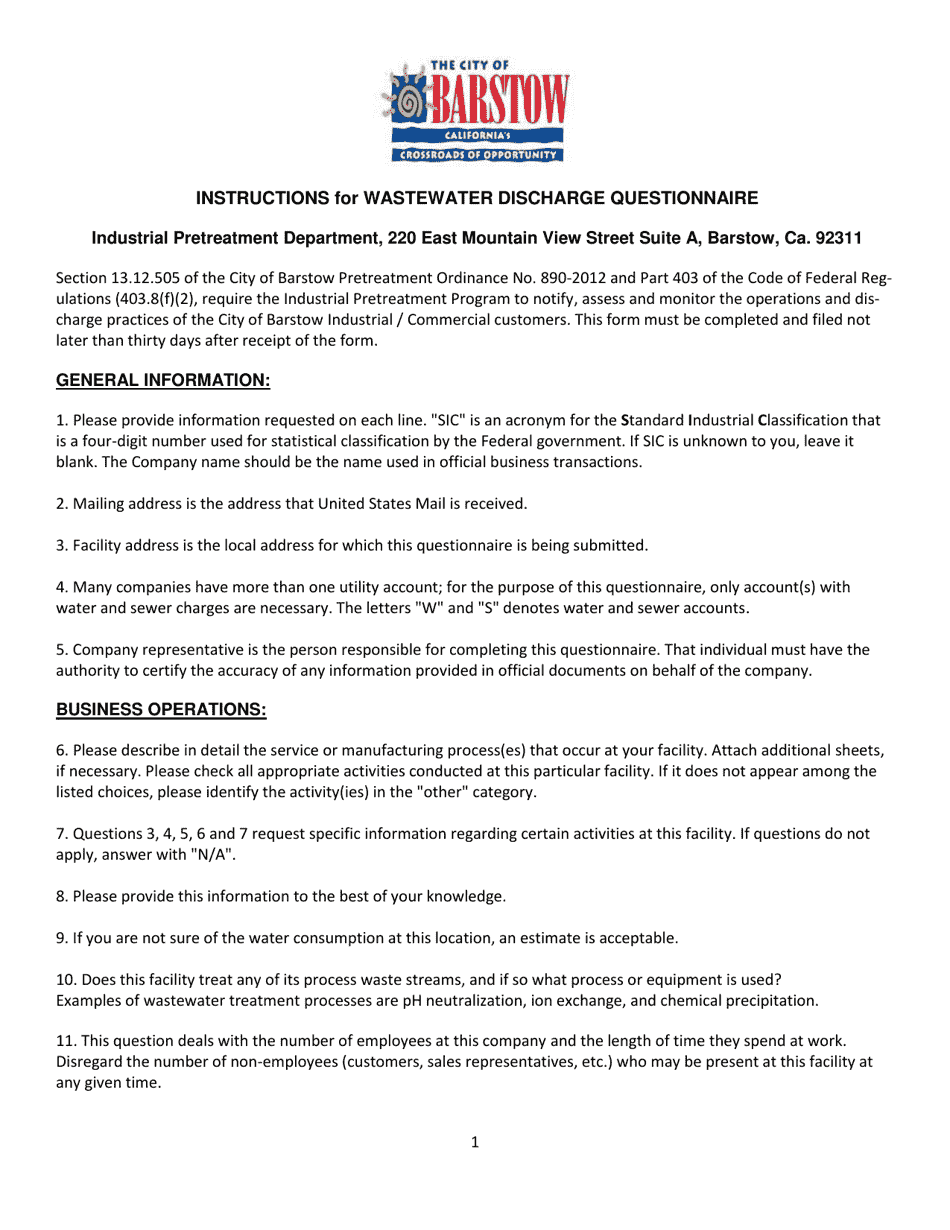 Wastewater Discharge Questionnaire - City of Barstow, California, Page 1