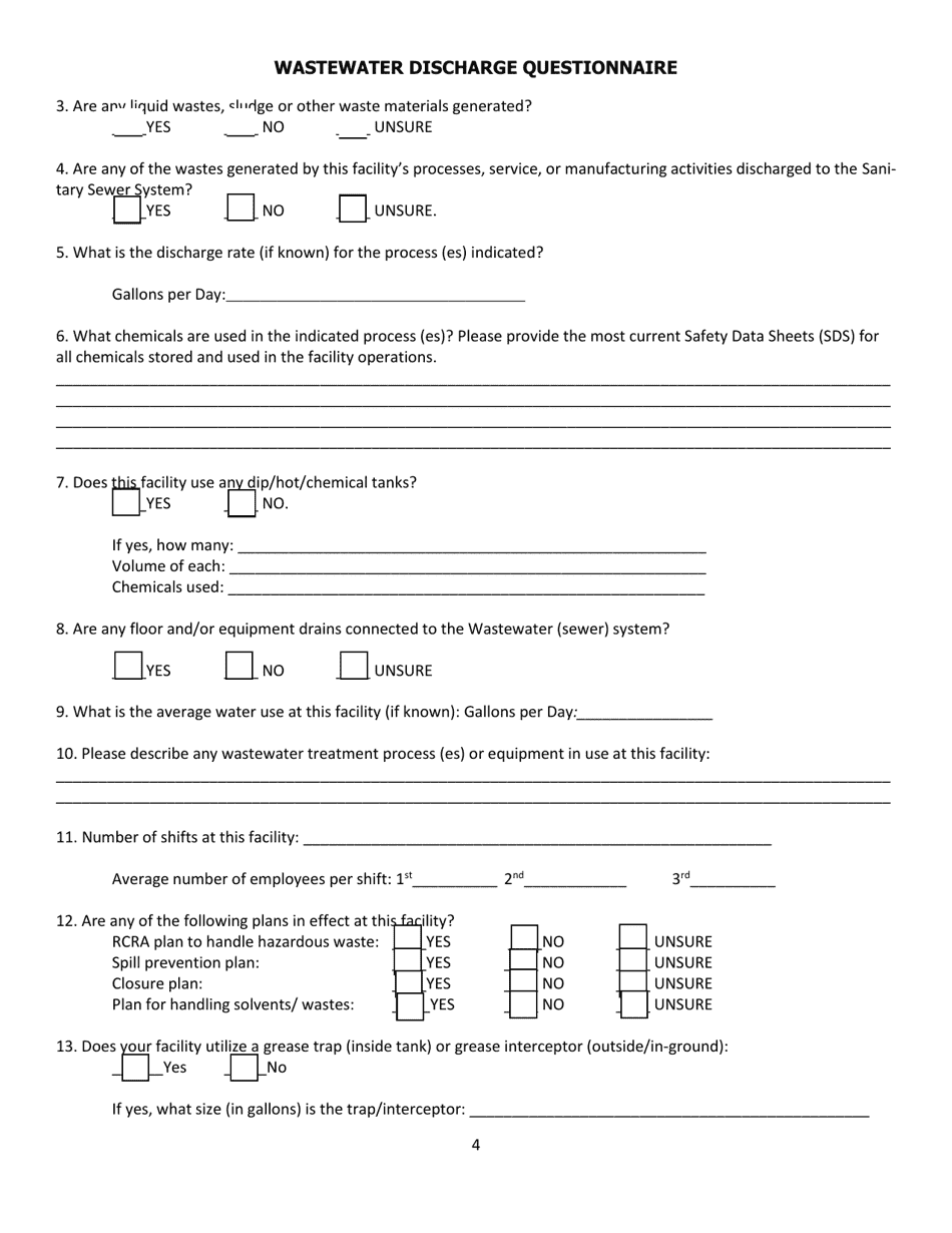 Wastewater Discharge Questionnaire - City of Barstow, California, Page 4