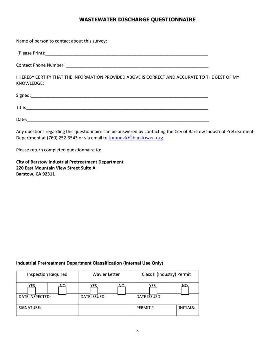 Wastewater Discharge Questionnaire - City of Barstow, California, Page 5