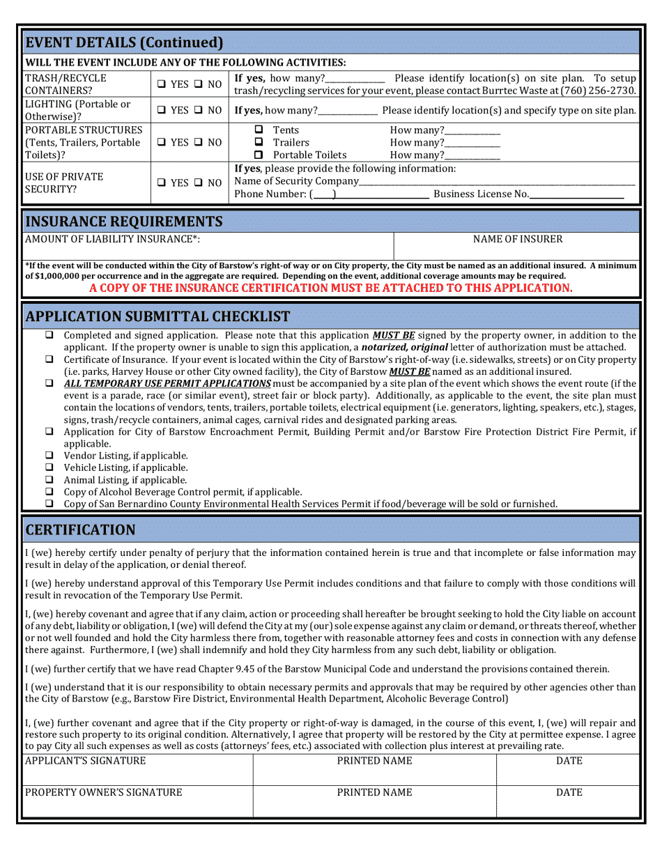 City of Barstow, California Temporary Use Permit Application Download ...