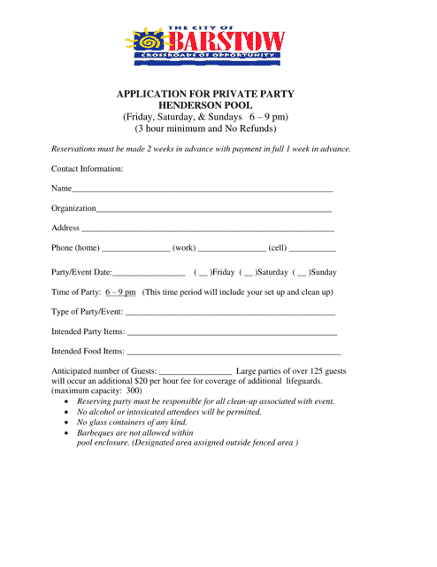 Application for Private Party Henderson Pool - City of Barstow, California