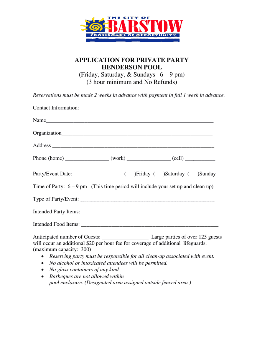 Application for Private Party Henderson Pool - City of Barstow, California, Page 1