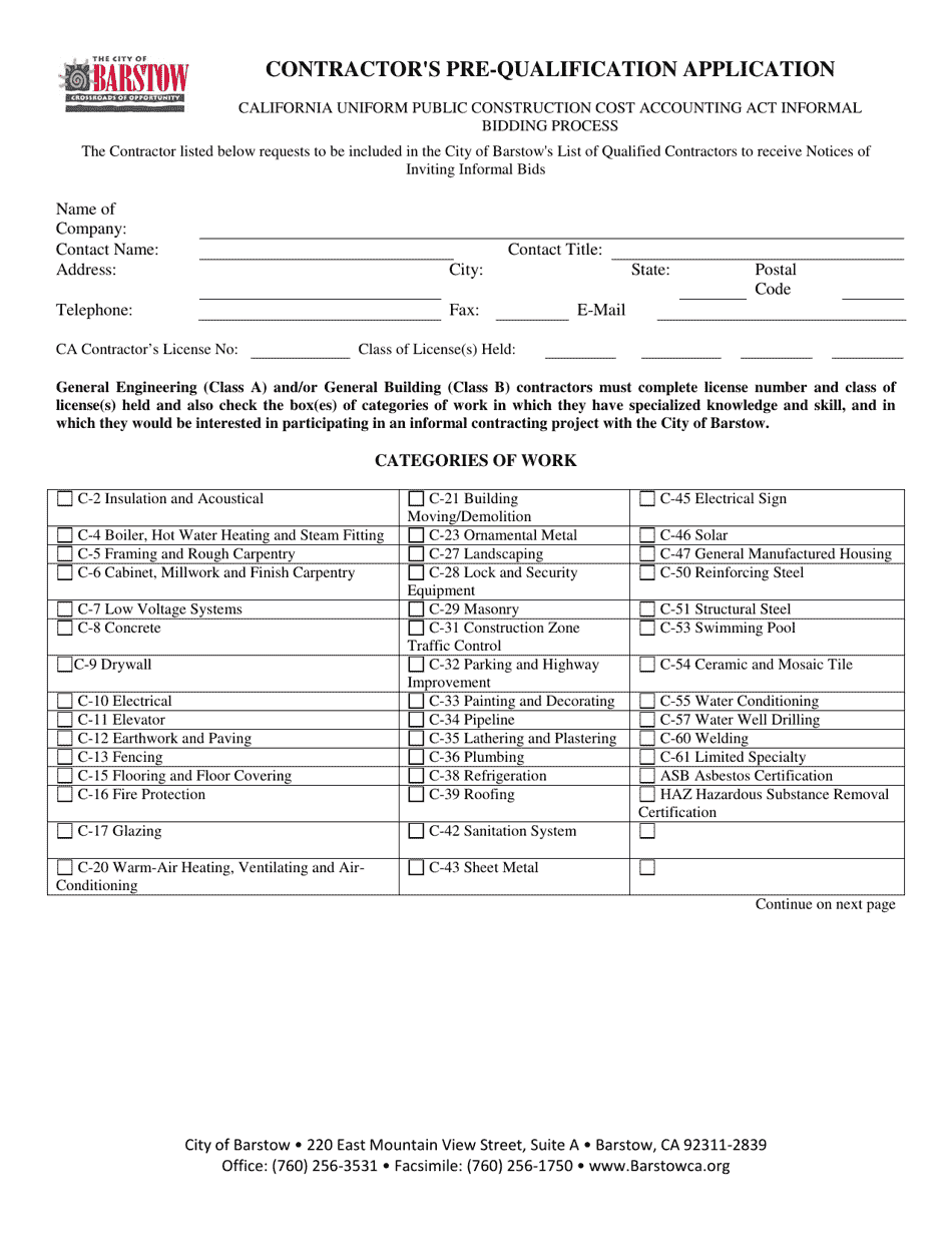 Contractors Pre-qualification Application - City of Barstow, California, Page 2