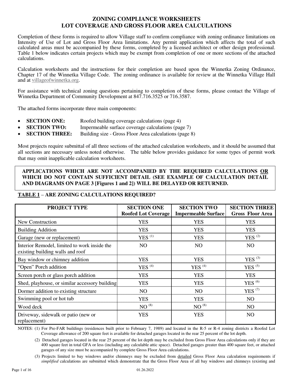 Zoning Compliance Worksheets Lot Coverage and Gross Floor Area Calculations - Village of Winnetka, Illinois, Page 1