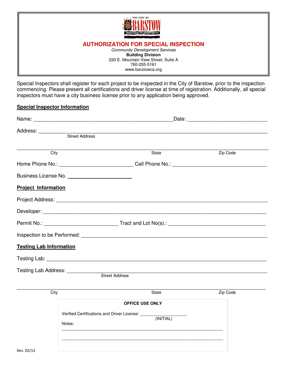 City of Barstow, California Authorization for Special Inspection Fill