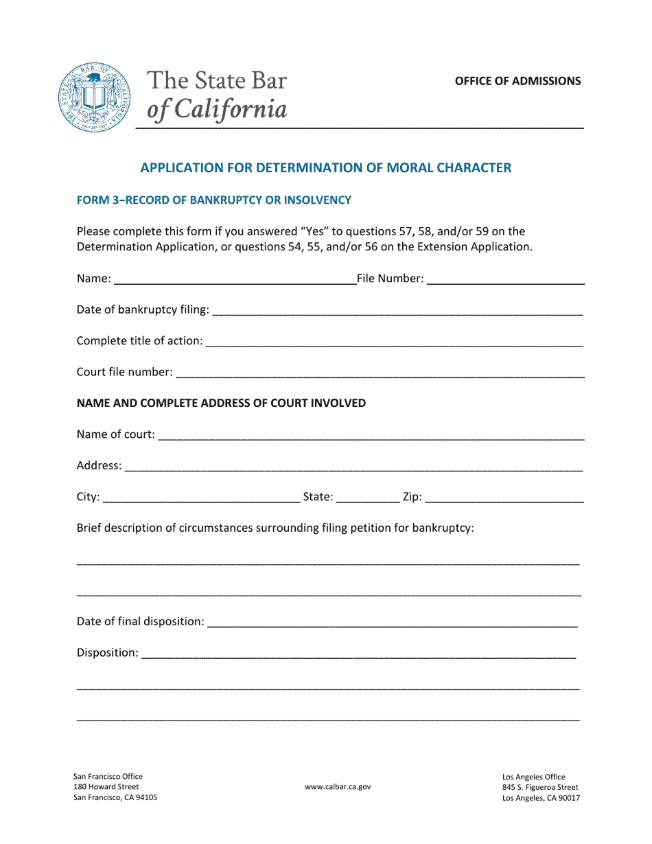 Form 3 Application for Determination of Moral Character - Record of Bankruptcy or Insolvency - California, Page 1
