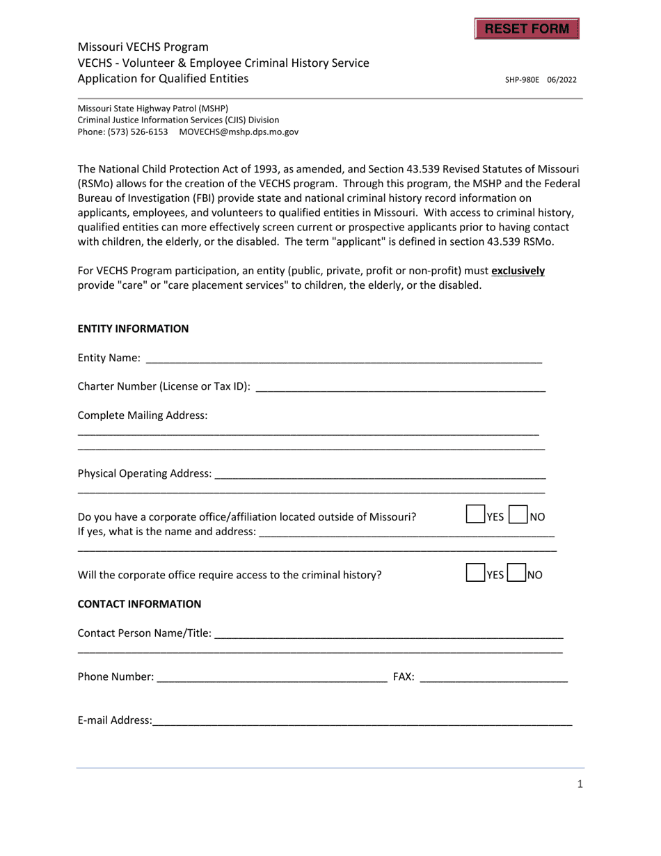 Form SHP-980E Application for Qualified Entities - Missouri Vechs Program - Missouri, Page 1
