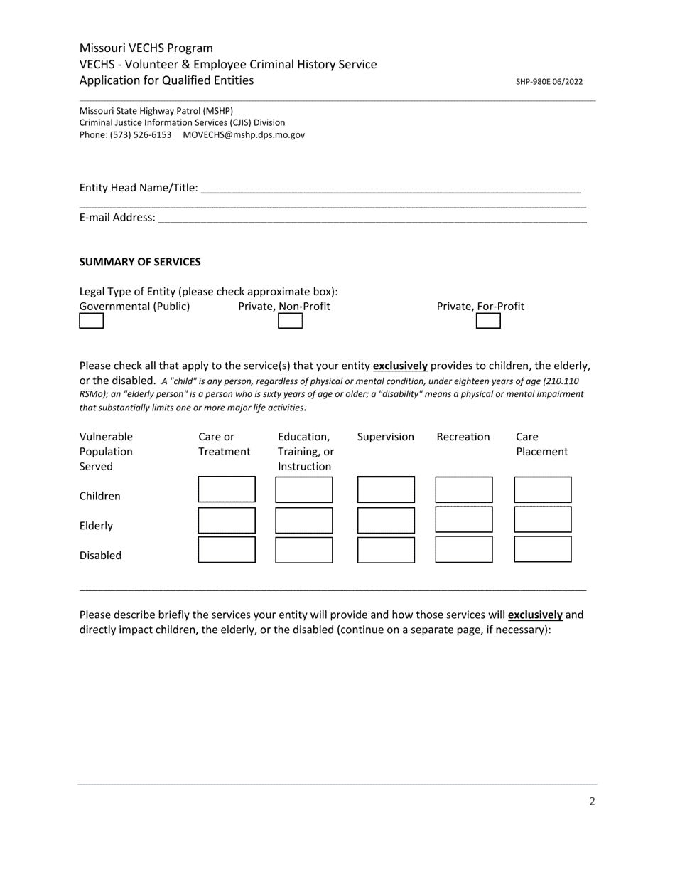 Form SHP-980E Application for Qualified Entities - Missouri Vechs Program - Missouri, Page 2
