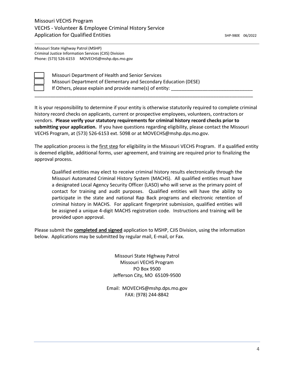 Form SHP-980E Application for Qualified Entities - Missouri Vechs Program - Missouri, Page 4