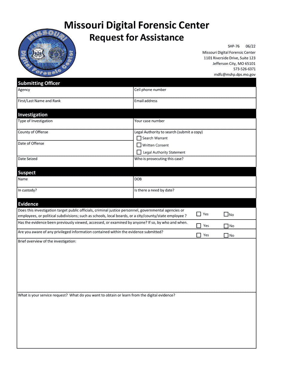 Form SHP-76 Missouri Digital Forensic Center Request for Assistance - Missouri, Page 1