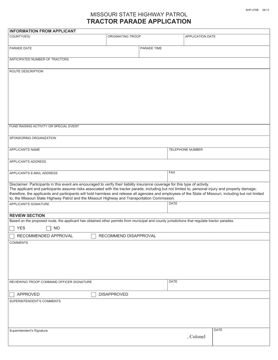 Form SHP-378B Tractor Parade Application - Missouri, Page 1