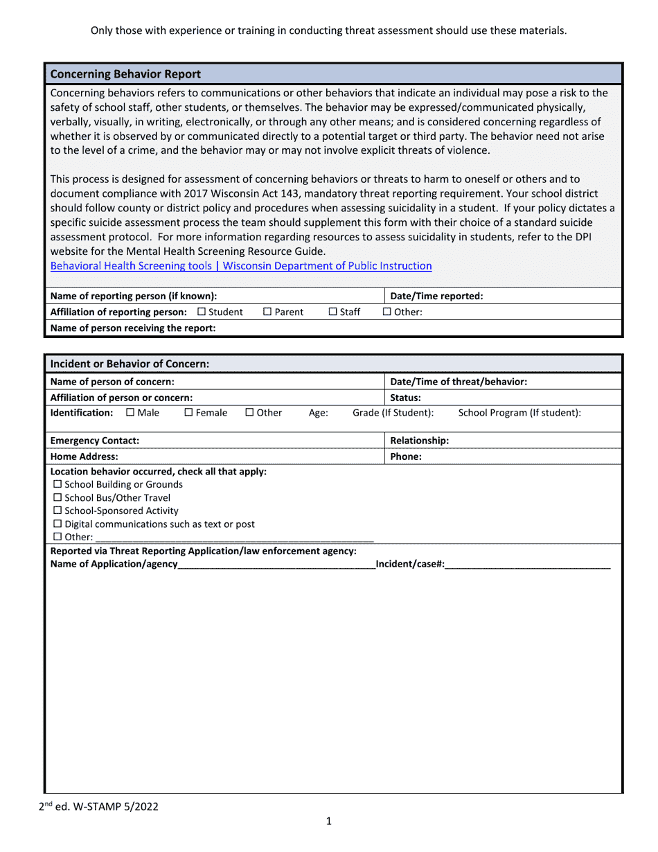 Concerning Behavior Report - Wisconsin, Page 1