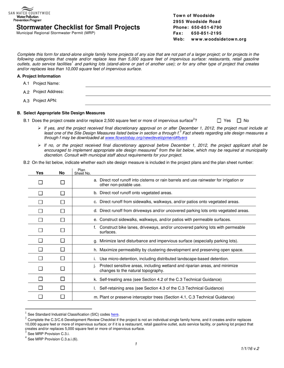 Stormwater Checklist for Small Projects - Town of Woodside, California, Page 1