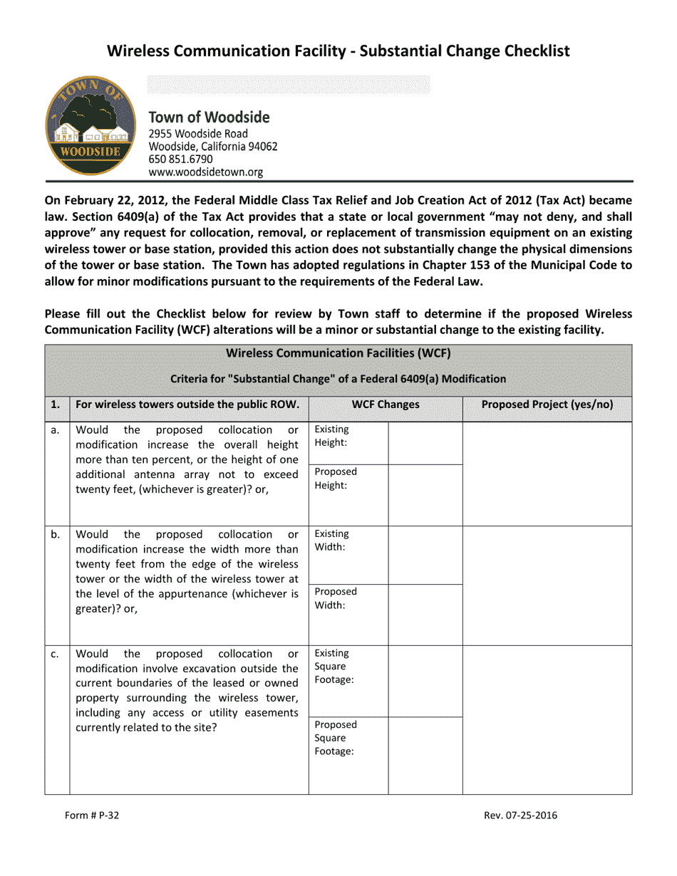 Form P-32 Wireless Communication Facility - Substantial Change Checklist - Town of Woodside, California, Page 1