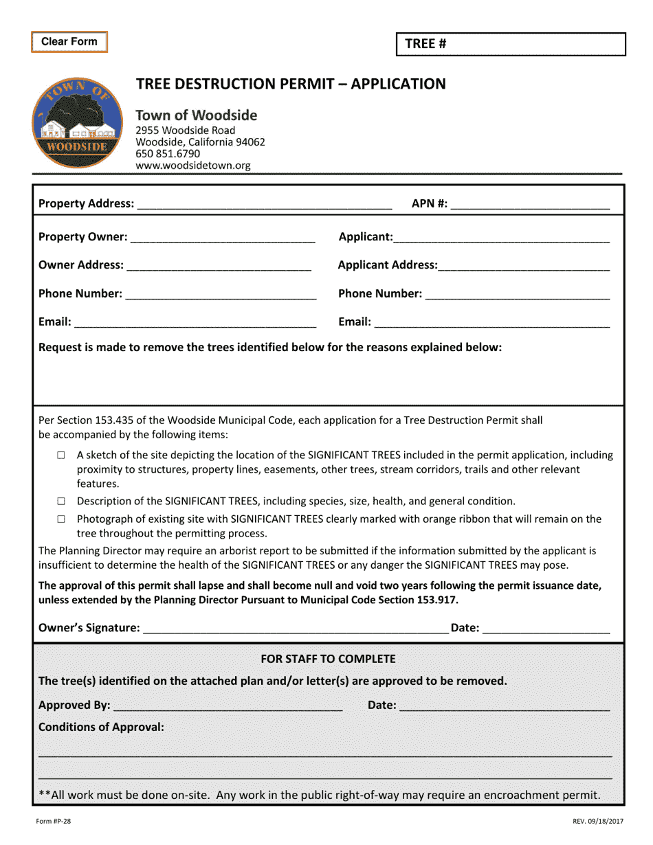 Form P-28 Tree Destruction Permit - Application - Town of Woodside, California, Page 1