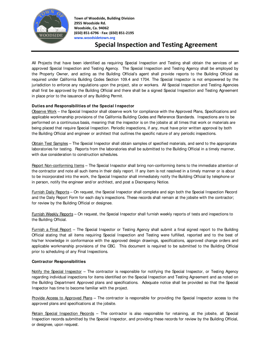 Special Inspection and Testing Agreement - Town of Woodside, California, Page 1
