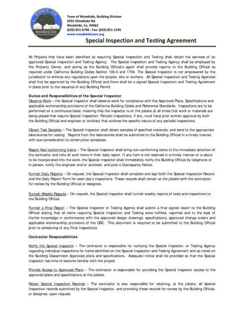 Special Inspection and Testing Agreement - Town of Woodside, California Download Pdf